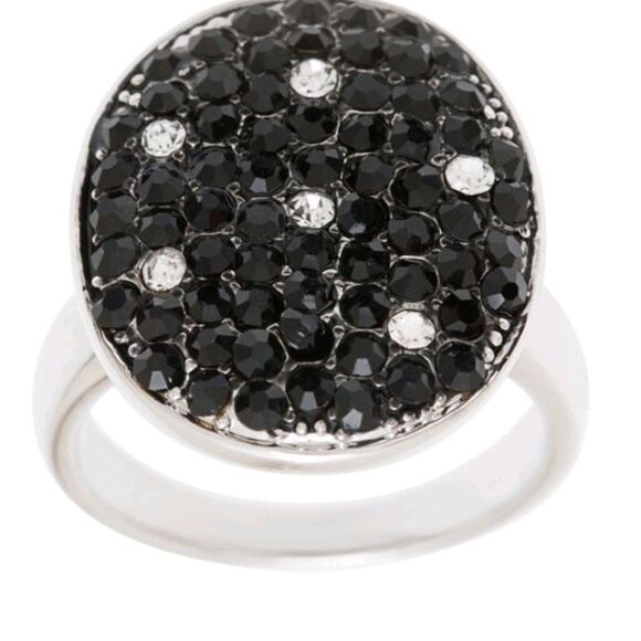 Silvertone Black and White Crystal Oval Ring - Picture 1 of 4